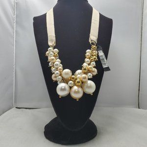 AQUA Faux pearl cluster multi beaded with taupe fabric bib necklace